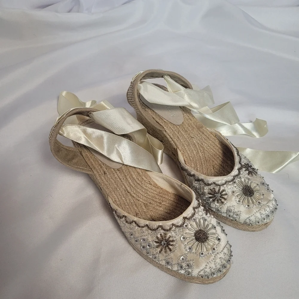 VTG Old Navy Women's Silver & Gold Satin Sequins Espadrille Shoes Size 8
